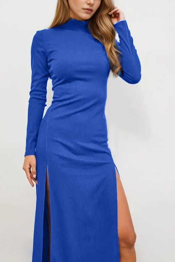 Rib Knit Mock Neck Long Sleeve Double Side Slit Bodycon Maxi Dress
