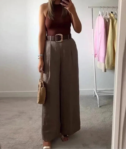 Satin Belted Wide Leg Pocket Pant