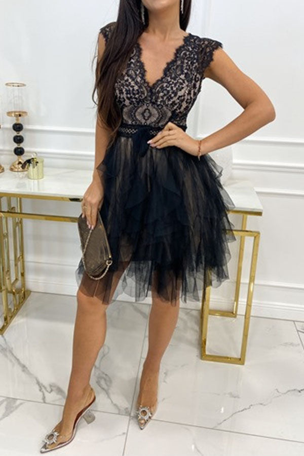 Lace V-Neck Flutter Cap Sleeve Bow Waist Tiered Tulle Ruffle Mini Dress