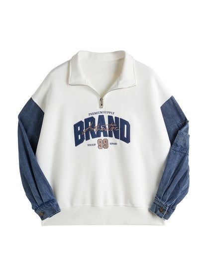 Denim Splice Letter Print Lapel Neck Oversized Hoodie
