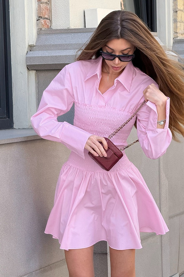 Point Collar Smocked Bodice Wide Cuff Long Sleeve Flare Mini Shirt Dress