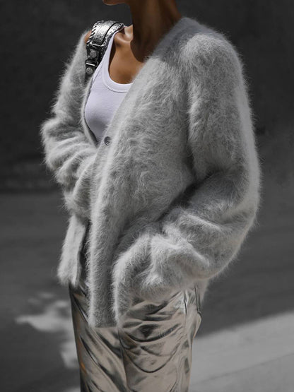 Fuzzy V Neck Loose Cardigan Sweater
