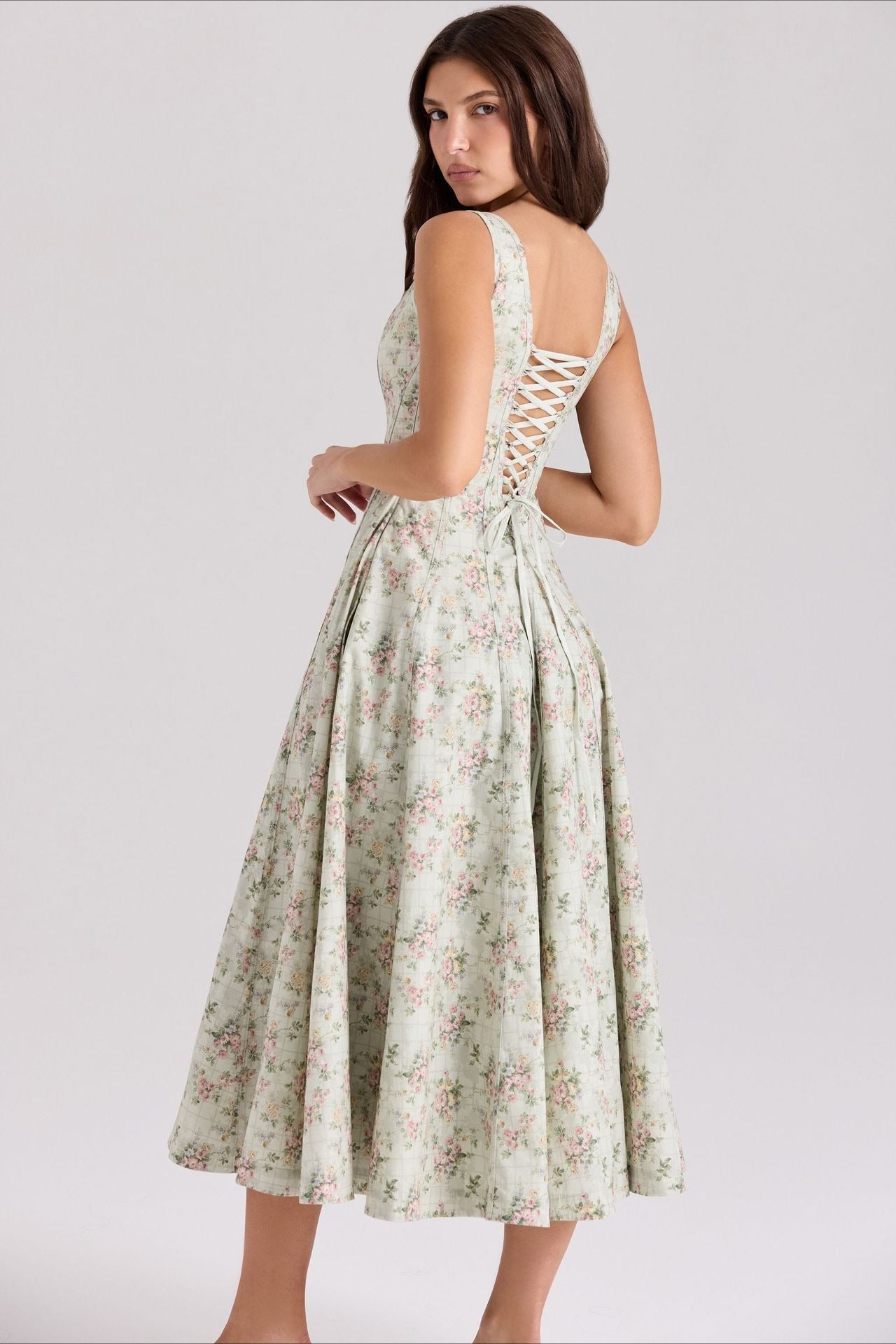 Square Neck Corset Bodice Floral Print Pocket Midi Dress