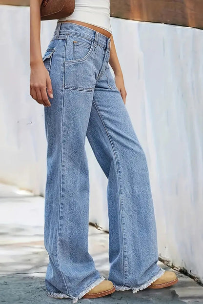 Stylish Loose-fitting Pocket Casual Frayed Wide-leg Jeans