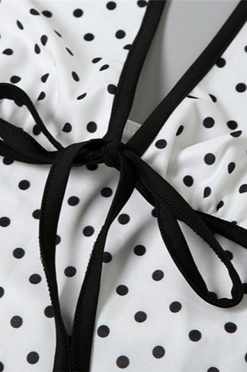 Polka Dot Halter Plunge Bow-Accent Contrast Waist Chiffon Maxi Dress