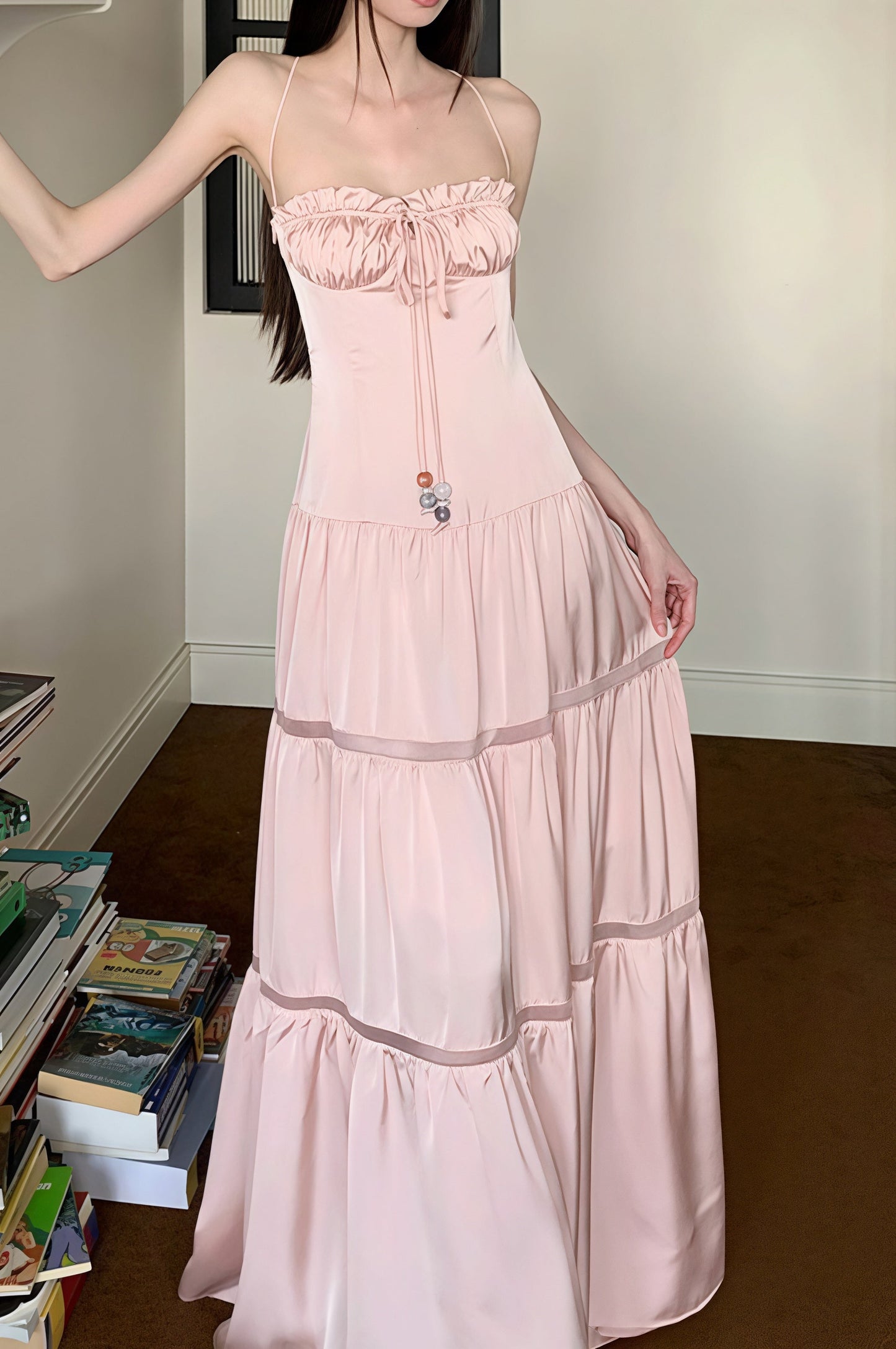| Satin Strapless Spaghetti Strap Maxi Dress in Pink