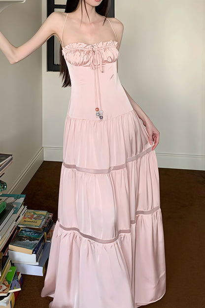| Satin Strapless Spaghetti Strap Maxi Dress in Pink