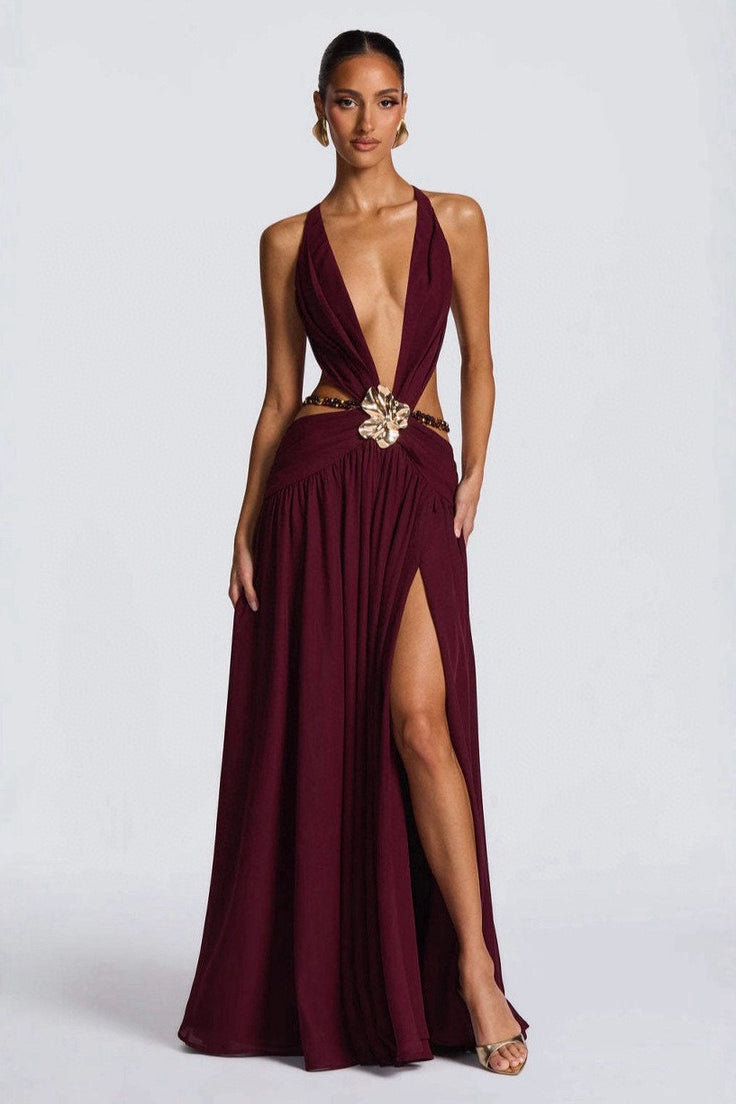 Chiffon Deep V-Neck Waist Cut Out Butterfly Buckle Chain Belt High Split Maxi Dress