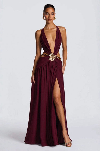 Chiffon Deep V-Neck Waist Cut Out Butterfly Buckle Chain Belt High Split Maxi Dress