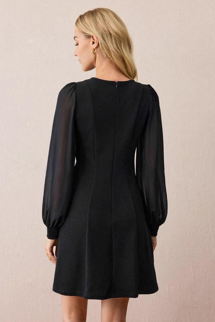 Crew Neck Sheer Puff Sleeve Asymmetric Button Detail A Line Mini Dress