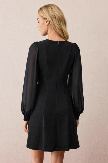 Crew Neck Sheer Puff Sleeve Asymmetric Button Detail A Line Mini Dress
