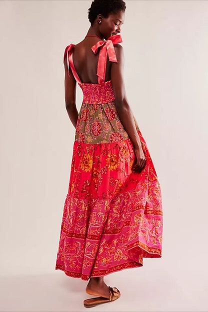 Smocked Sweetheart Neck Tie Shoulder Tiered Floral Paisley Maxi Dress