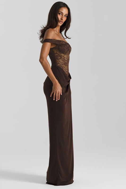 Asymmetrical Lace Corset Bustier Draped Waist Column Maxi Gown