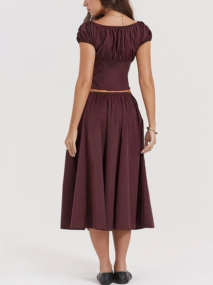 Solid Drawstring Puff Sleeve Cropped Tee & Midi Skirt Set
