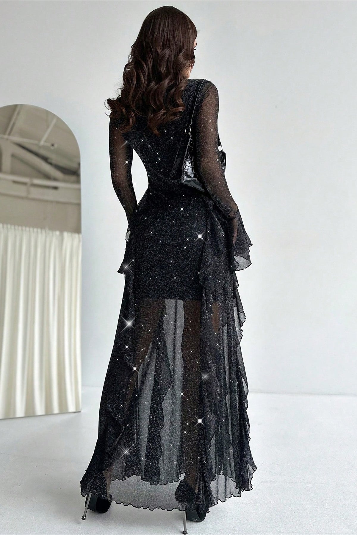 Mock Neck Glitter Mesh Flared Cuff Tiered Ruffle Mermaid Maxi Gown