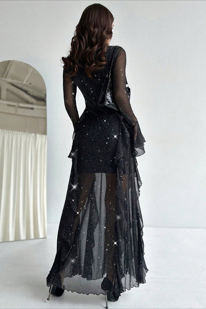 Mock Neck Glitter Mesh Flared Cuff Tiered Ruffle Mermaid Maxi Gown