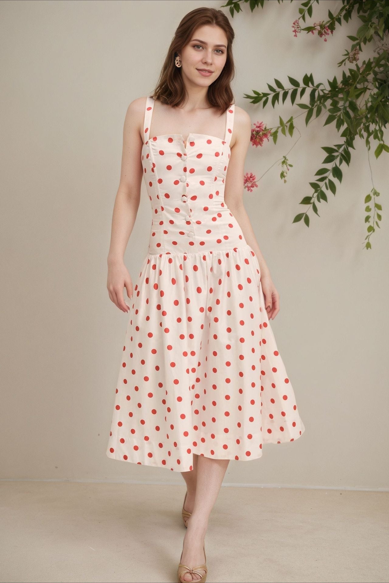 Polka Dot Print Button-Front Wide-Strap Square Neck Cami Maxi Dress