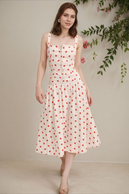 Polka Dot Print Button-Front Wide-Strap Square Neck Cami Maxi Dress