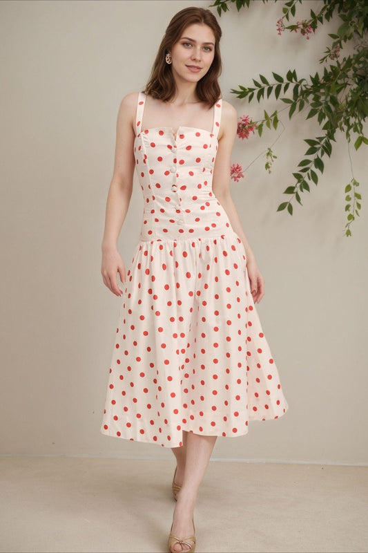 Polka Dot Print Button-Front Wide-Strap Square Neck Cami Maxi Dress