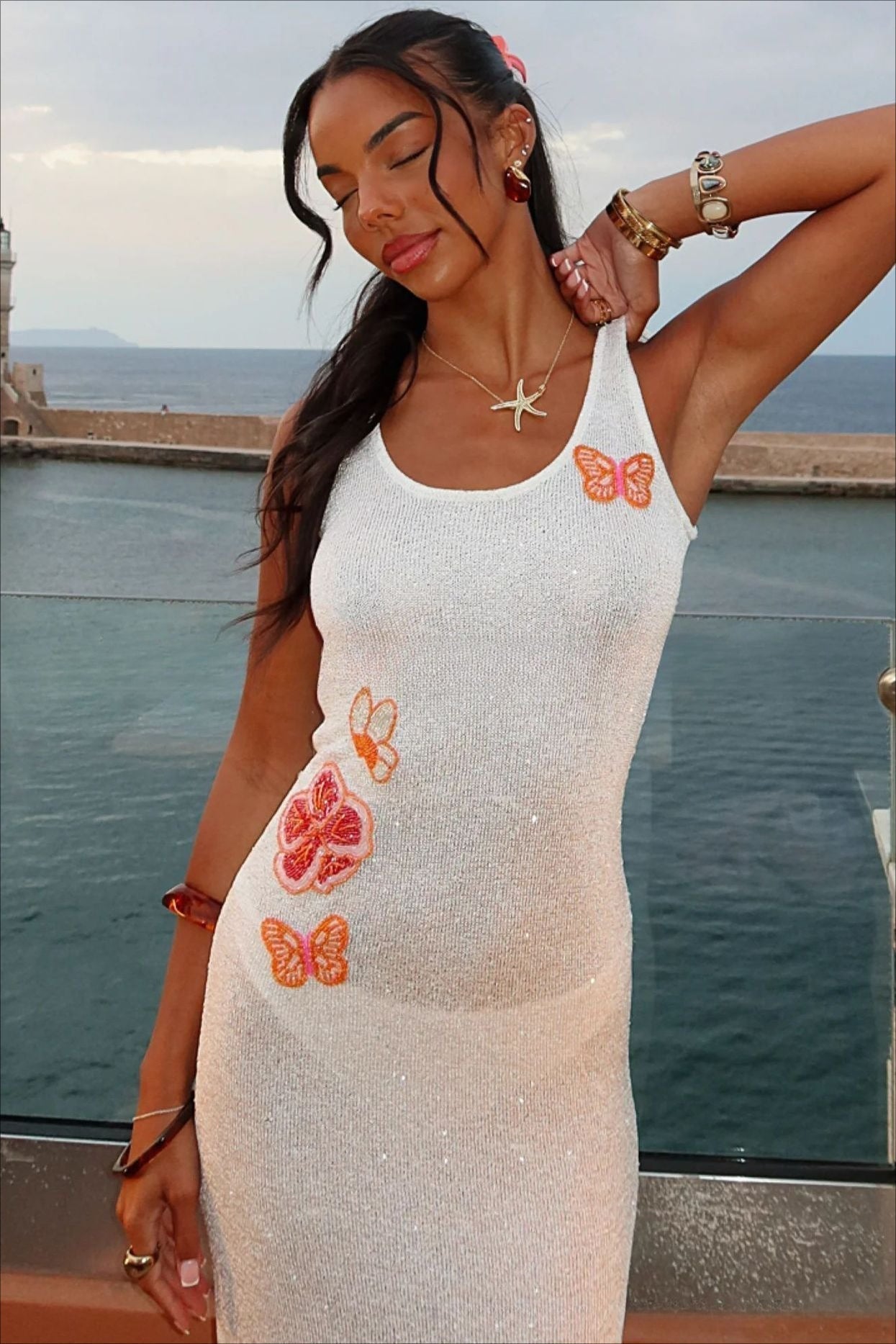 Scoop Neck Shimmer Knit Shell Applique Beaded Bodycon Midi Dress