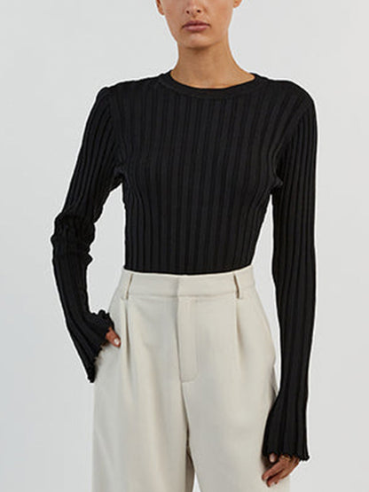 Solid Ribbed Crew Neck Long Sleeve Knit