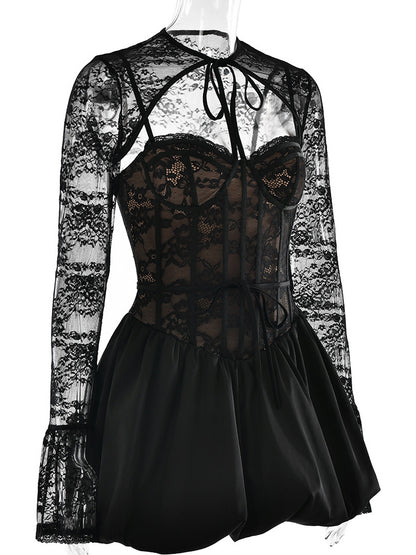 Black Lace Corset Dress With Detachable Bolero Birthday Party Puffball Mini Dress For Women 2026