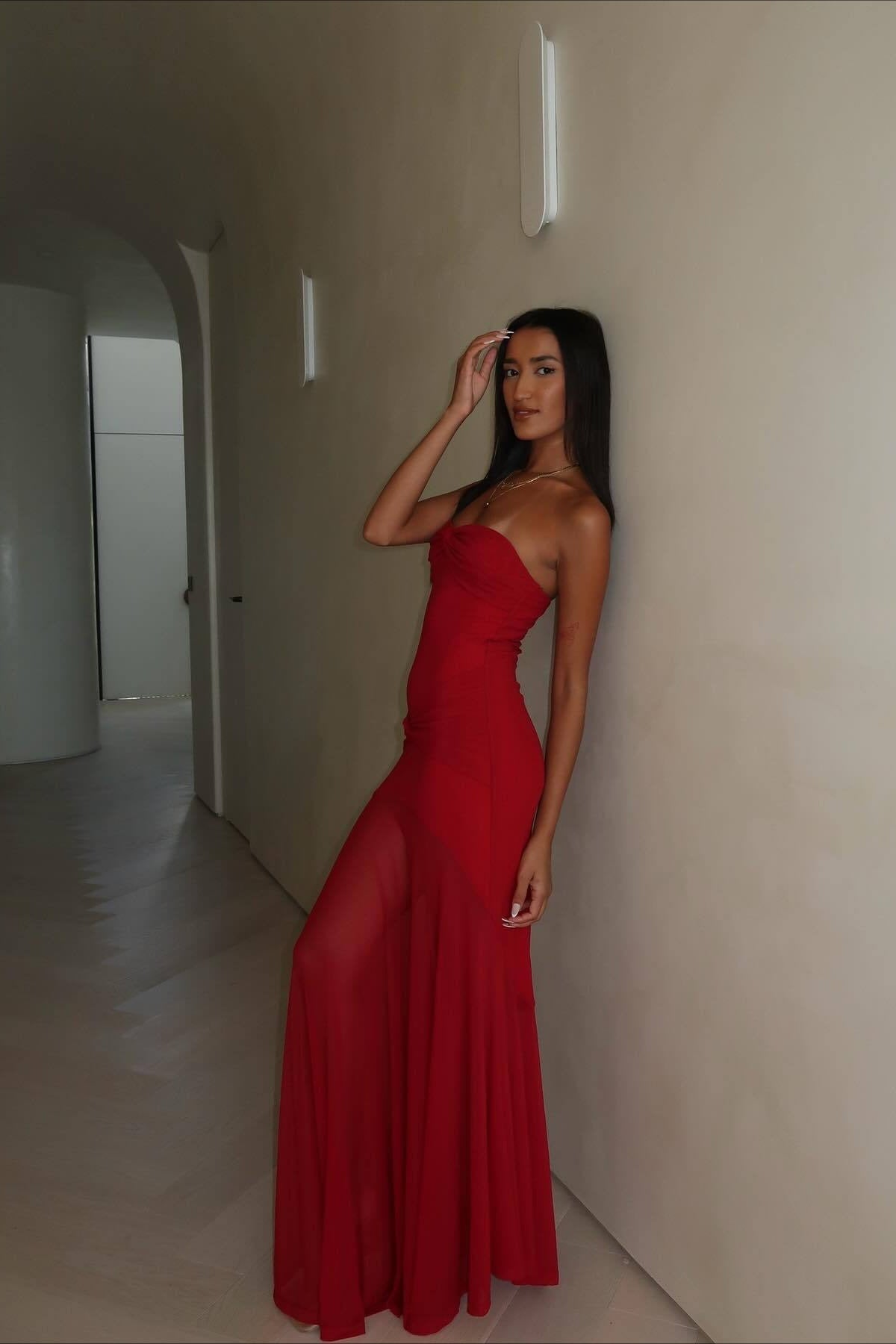 | Mesh Patchwork Strapless Backless Bodycon Maxi Dress