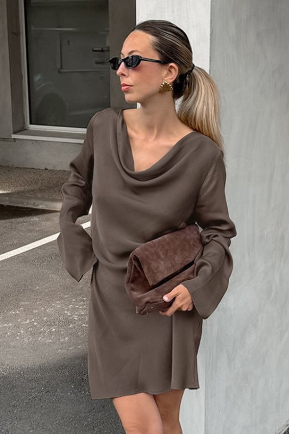 Satin Cowl Neck Bell Sleeve Mini Dress