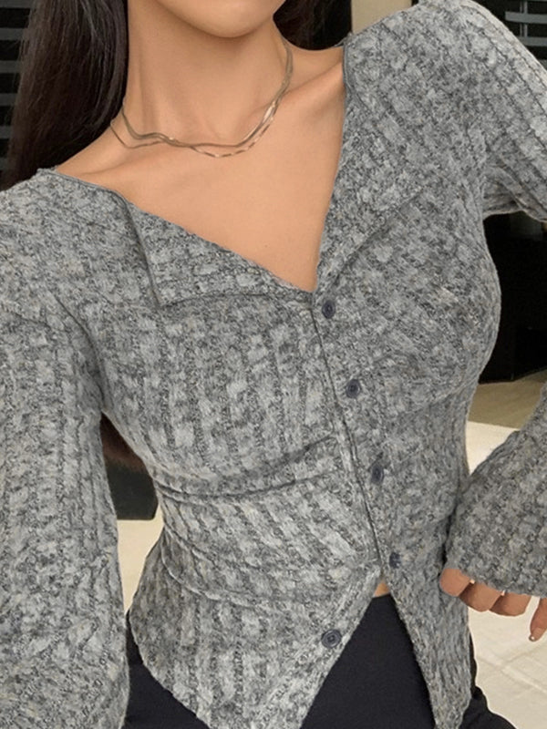 Lapel Neck Ruched Slim Long Sleeve Knit