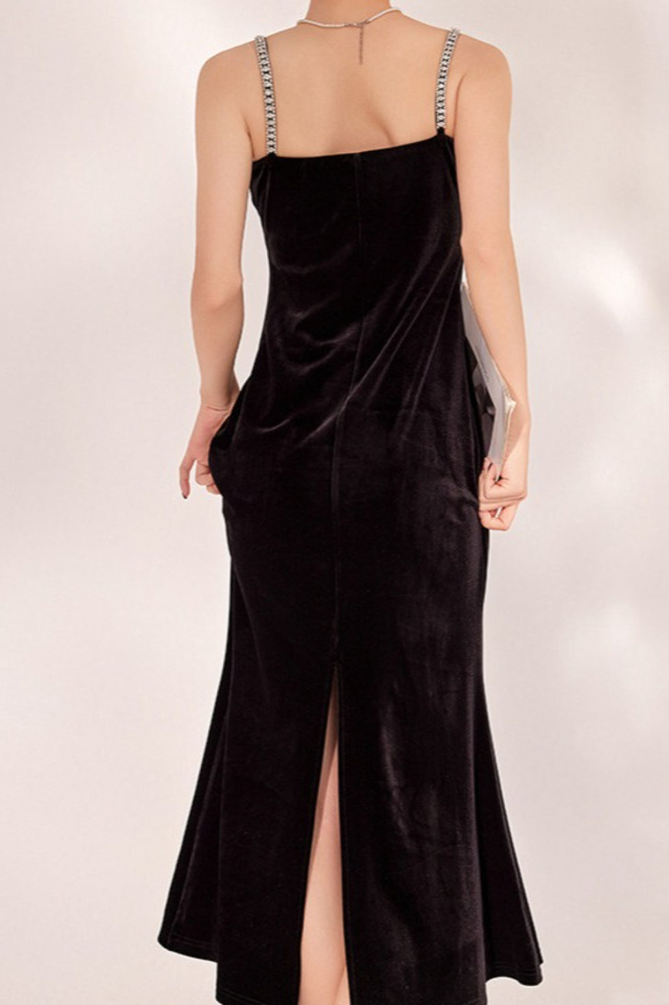 Square Neck Rhinestone Strap Velvet Mermaid Maxi Dress