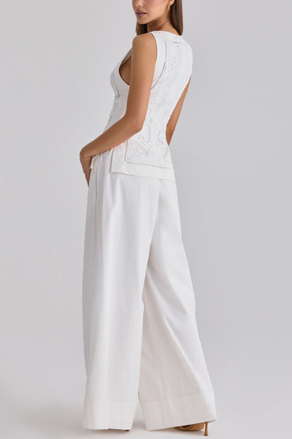 Exquisite and Beautiful Cutout Lace Embroidery Design Boat Neck Sleeveless Slit Top