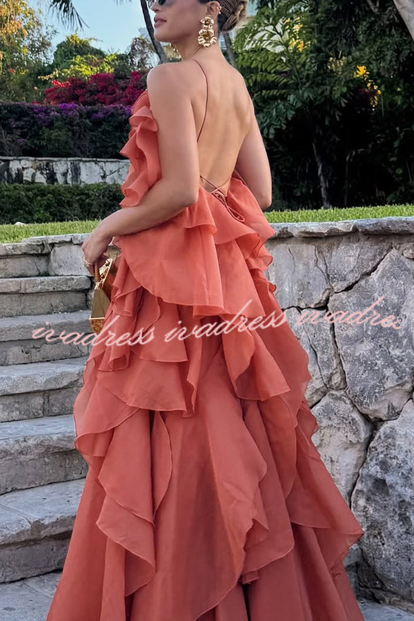 Free - Flowing Rose Detail Tiered Ruffles Halter A-line Maxi Dress