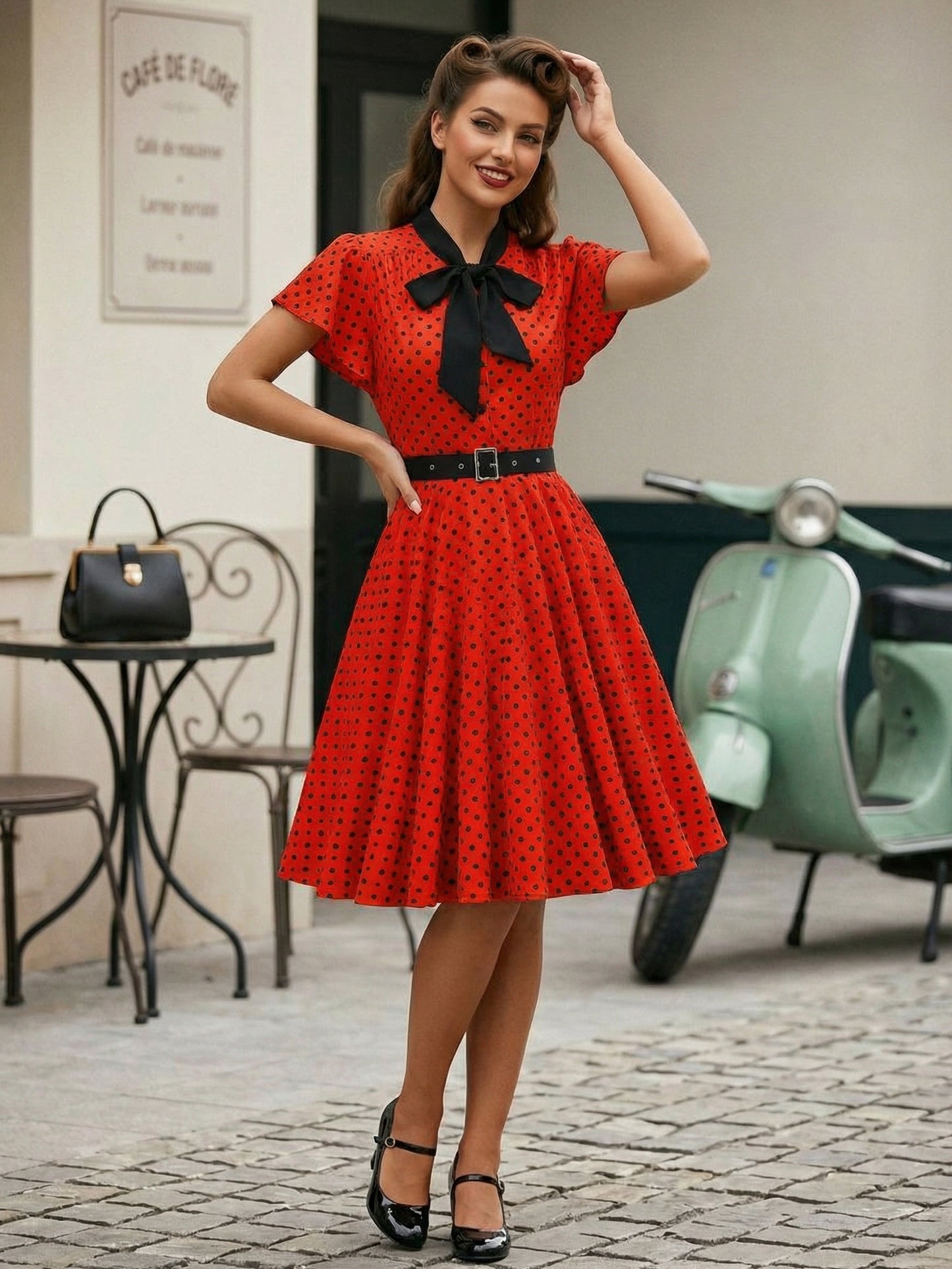 Polka Dot Shirt Dress With Tie And Belt Flutter Sleeve Vintage Midi Dress For Women 2026