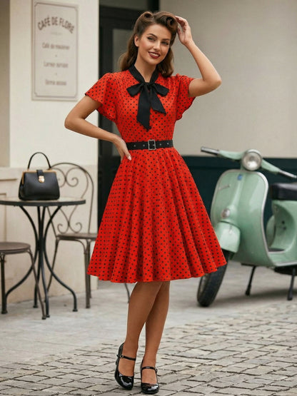 Polka Dot Shirt Dress With Tie And Belt Flutter Sleeve Vintage Midi Dress For Women 2026