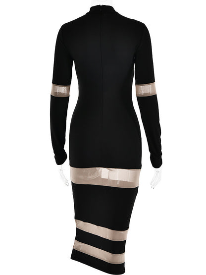 Mesh Patchwork Dress Long Sleeves See Through Party Bodycon Dresses