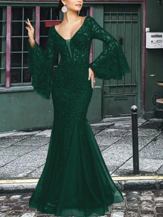 Lace Solid Color Fishtail Long Sleeve Maxi Dresses
