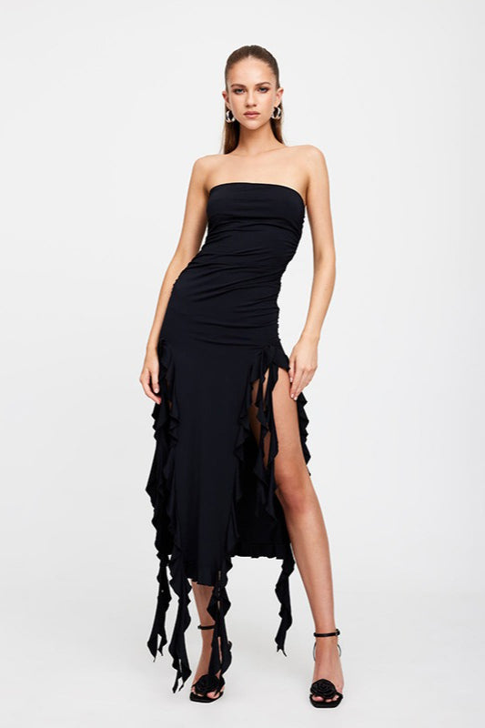 Strapless Ruched Bodycon Asymmetric Ruffle Hem High Split Midi Dress
