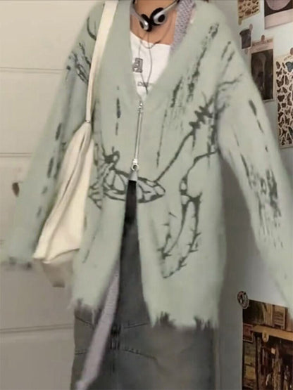 Print V Neck Zip Up Loose Cardigan