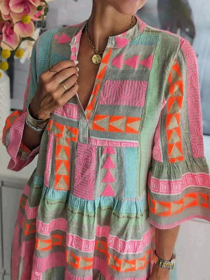 Geometric Print Mandarin Collar V-Neck Bell Sleeve Tiered Smock Mini Dress