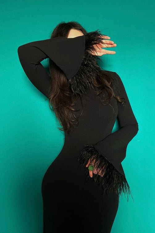 Feather Cuff Long Sleeve Crew Neck Mermaid Ruffle Hem Maxi Dress