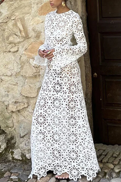 Easy Resort Knit Crochet Cutout Long Sleeve Reversible Vacation Maxi Dress