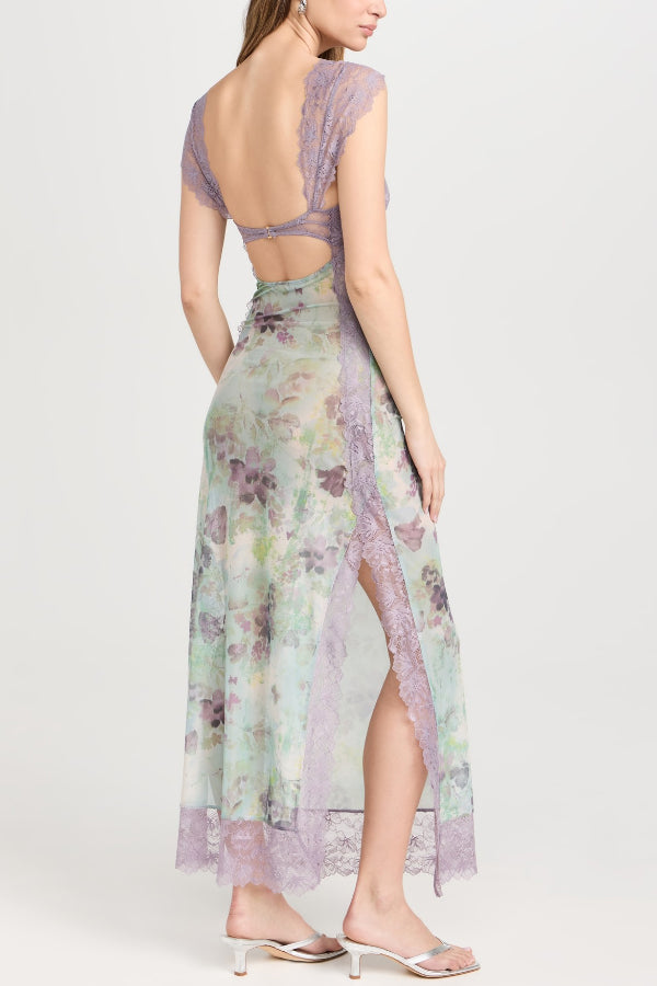 Floral Print Lace Patchwork Hollow-out Slim-fit Midi Dress