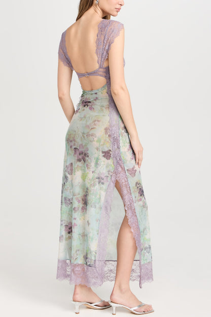 Floral Print Lace Patchwork Hollow-out Slim-fit Midi Dress