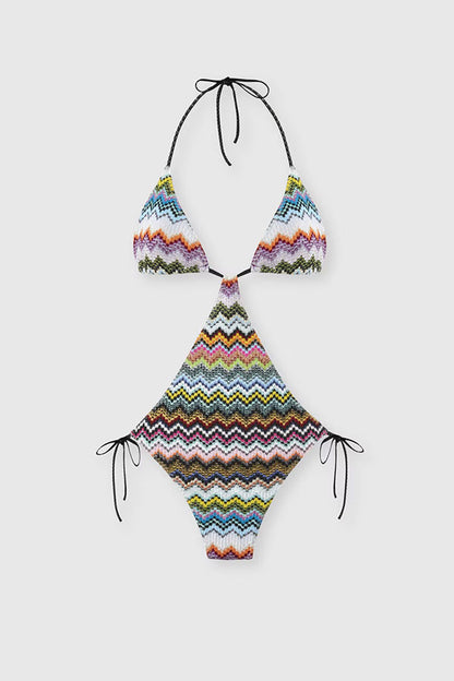 Luccia Colorful Zigzag Pattern Cutout Waist Tie-up Stretch One-piece Swimsuit