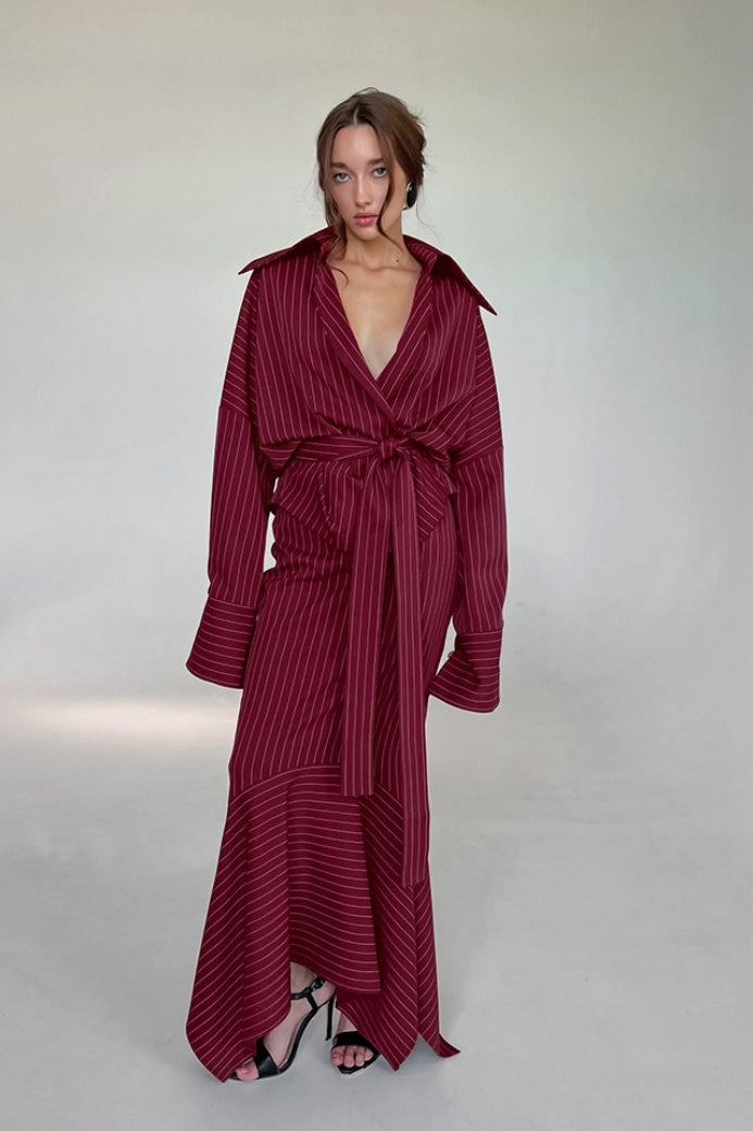| Striped V-Neck Tie Fitted Waist Maxi Dress