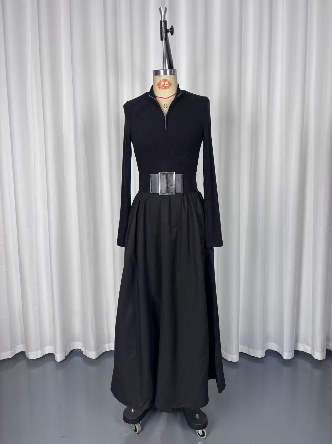 Half Zip Ribbed Knit Patchwork Belted Long Sleeve A-Line Maxi Dress For Women 2026