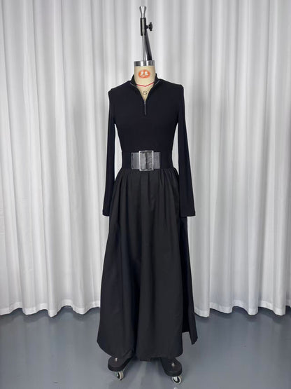 Half Zip Ribbed Knit Patchwork Belted Long Sleeve A-Line Maxi Dress For Women 2026
