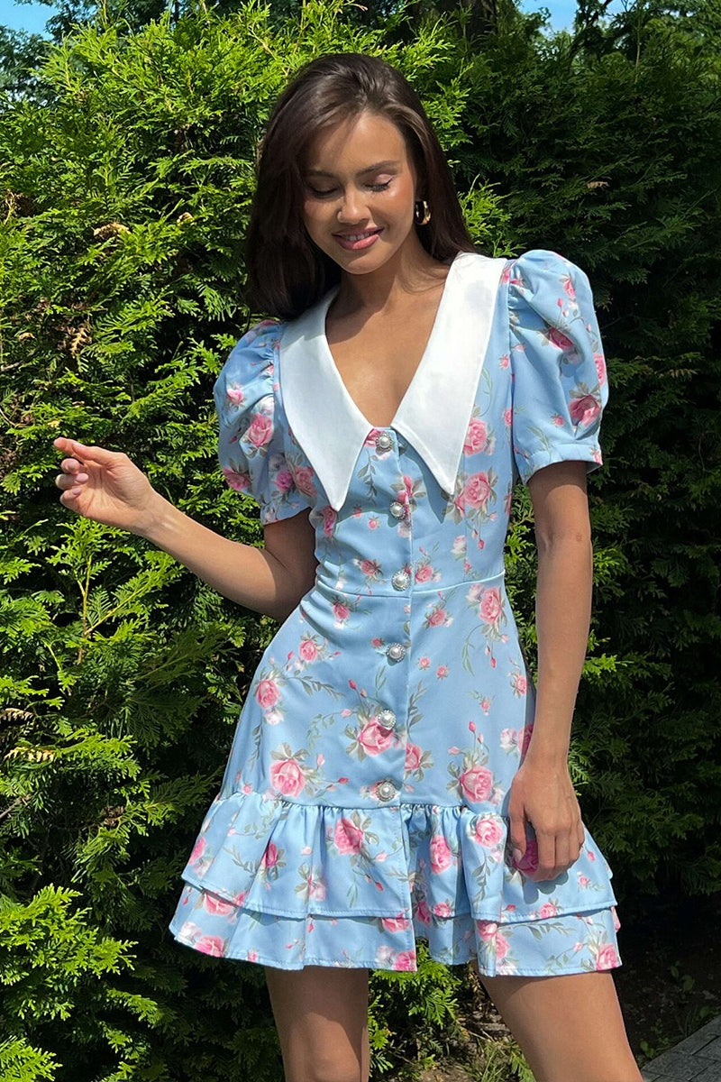 Floral Print Oversized Pointed Collar Puff Sleeve Button Front Tiered Mini Dress