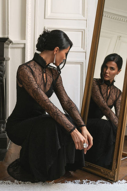 | Lace Patchwork Fitted Cutout Maxi Dress