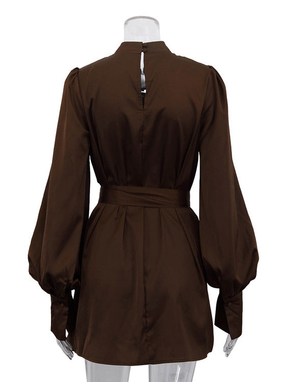 Brown Satin Mini Shirt Dress With High Neck And Lantern Sleeve For Women 2026